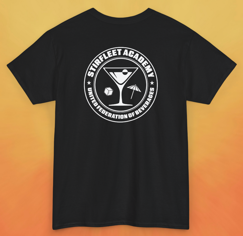 black t-shirt, with white United Federation of Beverages Stirfleet Academy logo, martini glass ice cube umbrella graphic on back of shirt.