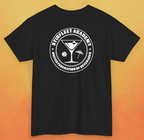 black t-shirt, with white United Federation of Beverages Stirfleet Academy logo, martini glass ice cube umbrella graphic on back of shirt.