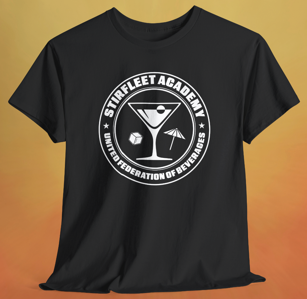 Black t-shirt, with white United Federation of Beverages Stirfleet Academy logo, martini glass ice cube umbrella graphic on front of shirt.