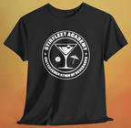 Black t-shirt, with white United Federation of Beverages Stirfleet Academy logo, martini glass ice cube umbrella graphic on front of shirt.