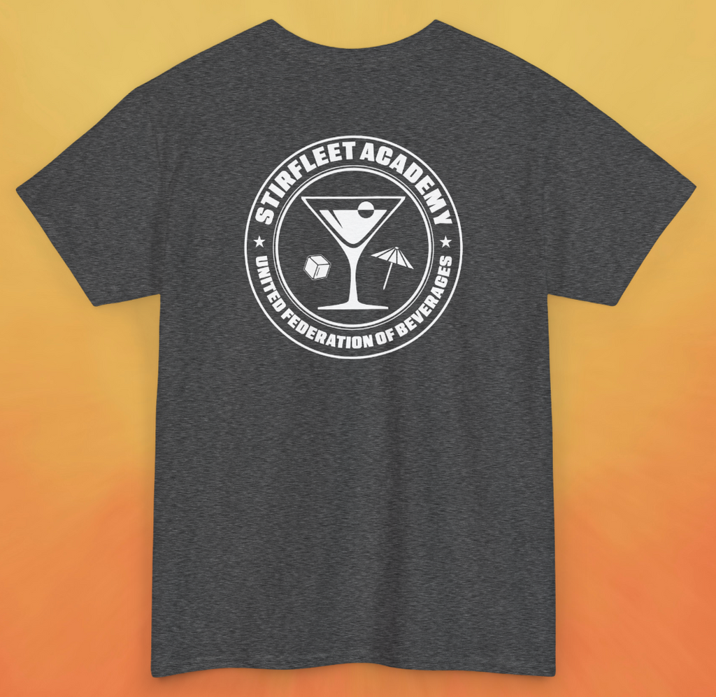 Heather charcoal gray t-shirt, with white United Federation of Beverages Stirfleet Academy logo, martini glass ice cube umbrella graphic on back of shirt.