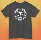 Heather charcoal gray t-shirt, with white United Federation of Beverages Stirfleet Academy logo, martini glass ice cube umbrella graphic on back of shirt.