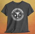 Heather charcoal gray t-shirt, with white United Federation of Beverages Stirfleet Academy logo, martini glass ice cube umbrella graphic on front of shirt.