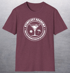 Heather red maroon t-shirt, with white United Federation of Beverages Stirfleet Academy logo, martini glass ice cube umbrella graphic on front of shirt.