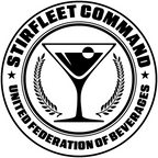 United Federation of Beverages Stirfleet Command logo, black graphic design on white background, with martini glass and olive branches