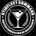 United Federation of Beverages Stirfleet Command logo, white graphic design on black background, with martini glass and olive branches
