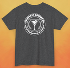 Heather charcoal gray t-shirt, with white United Federation of Beverages Stirfleet Command logo, martini glass graphic on back of shirt.