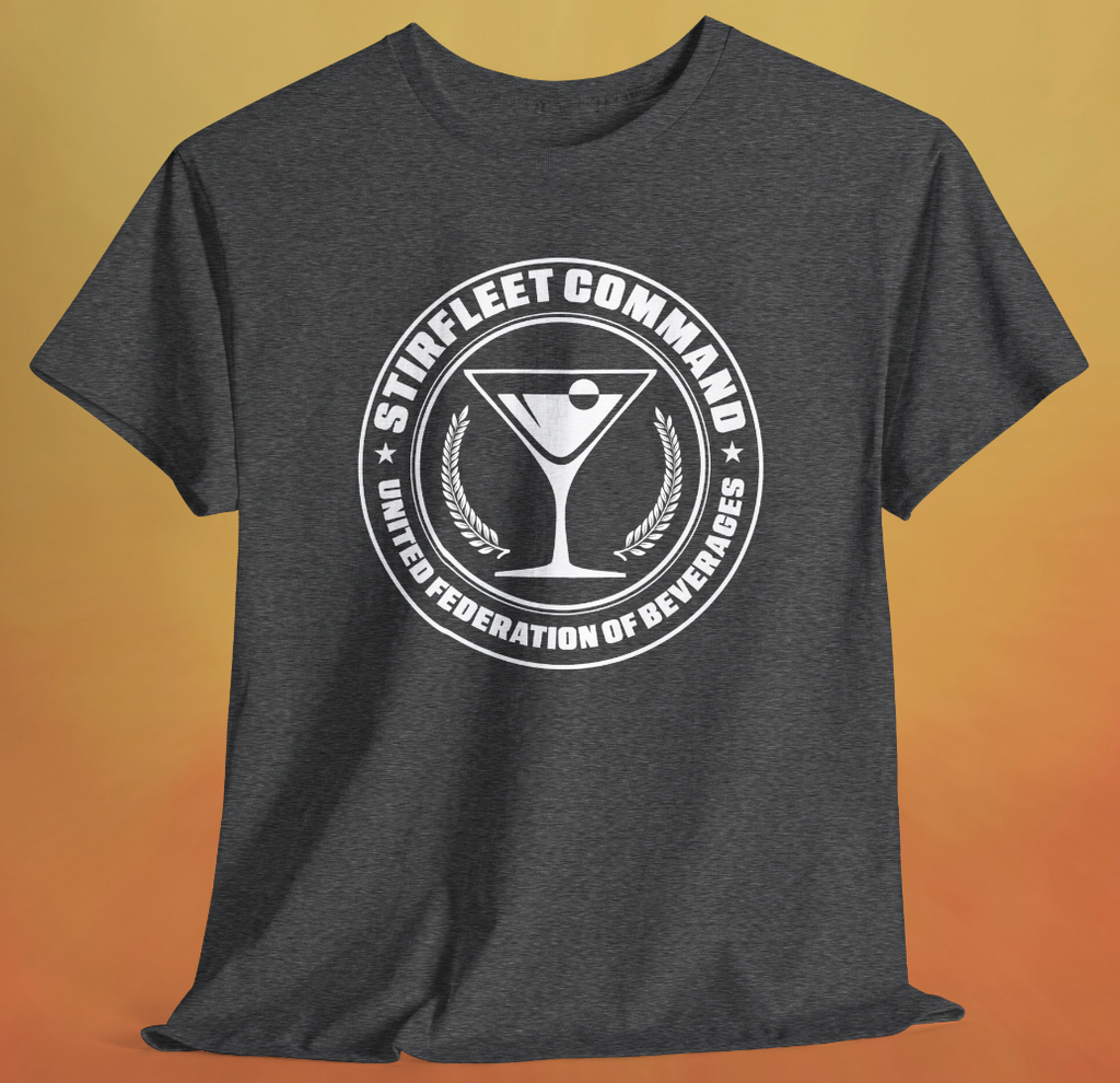 Heather charcoal gray t-shirt, with white United Federation of Beverages Stirfleet Command logo, martini glass graphic on front of shirt.