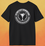 black t-shirt, with white United Federation of Beverages Stirfleet Command logo, martini glass graphic on back of shirt.