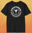 black t-shirt, with white United Federation of Beverages Stirfleet Command logo, martini glass graphic on back of shirt.