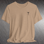 Heather tan shirt with United Federation of Beverages Stirfleet Command martini logo, small black graphic design on front breast.