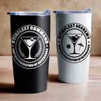 coffee cup tumblers with transfer decals, black tumbler has white Stirfleet Command logo, the white tumbler has black Stirfleet Academy logo.