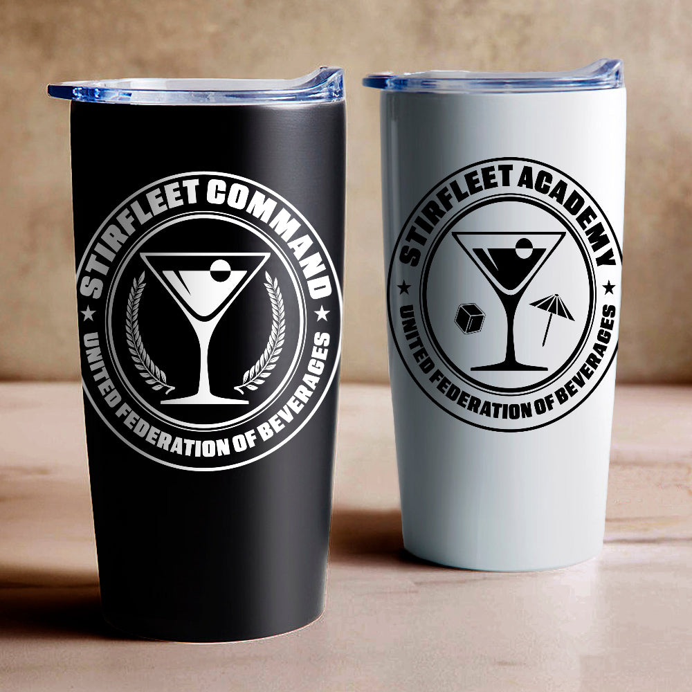 coffee cup tumblers with transfer decals, black tumbler has white Stirfleet Command logo, the white tumbler has black Stirfleet Academy logo.