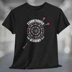 Black t-shirt with printed graphic of a dartboard, 3 darts missing the board, and white text Stormtrooper Academy.