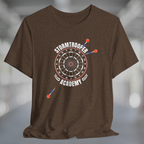 Heather brown shirt with printed graphic of a dartboard, 3 darts missing the board, and white text Stormtrooper Academy.