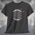 Heather charcoal gray t-shirt with printed graphic of a dartboard, 3 darts missing the board, and white text Stormtrooper Academy.