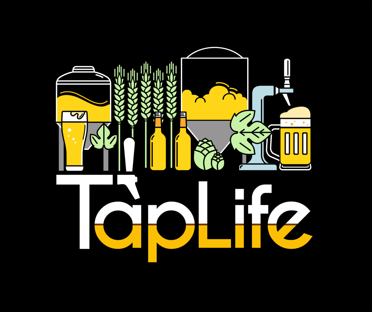 Logo for 'Tap Life' featuring beer and brewery related graphic on a black background
