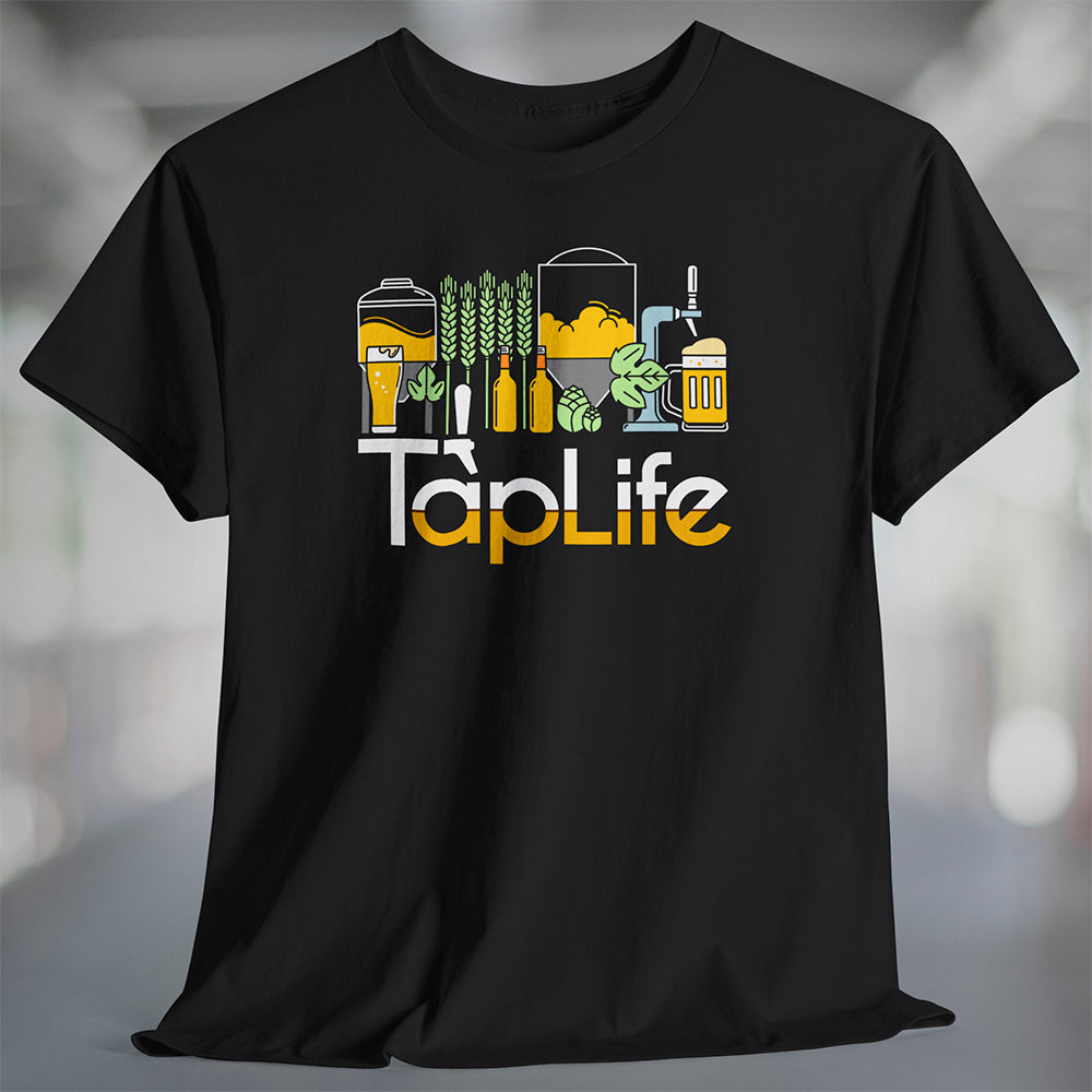 Black t-shirt with 'TapLife' logo and beer and brewery themed graphic