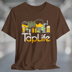 Heather brown t-shirt with Tap Life logo and beer and brewery themed graphic