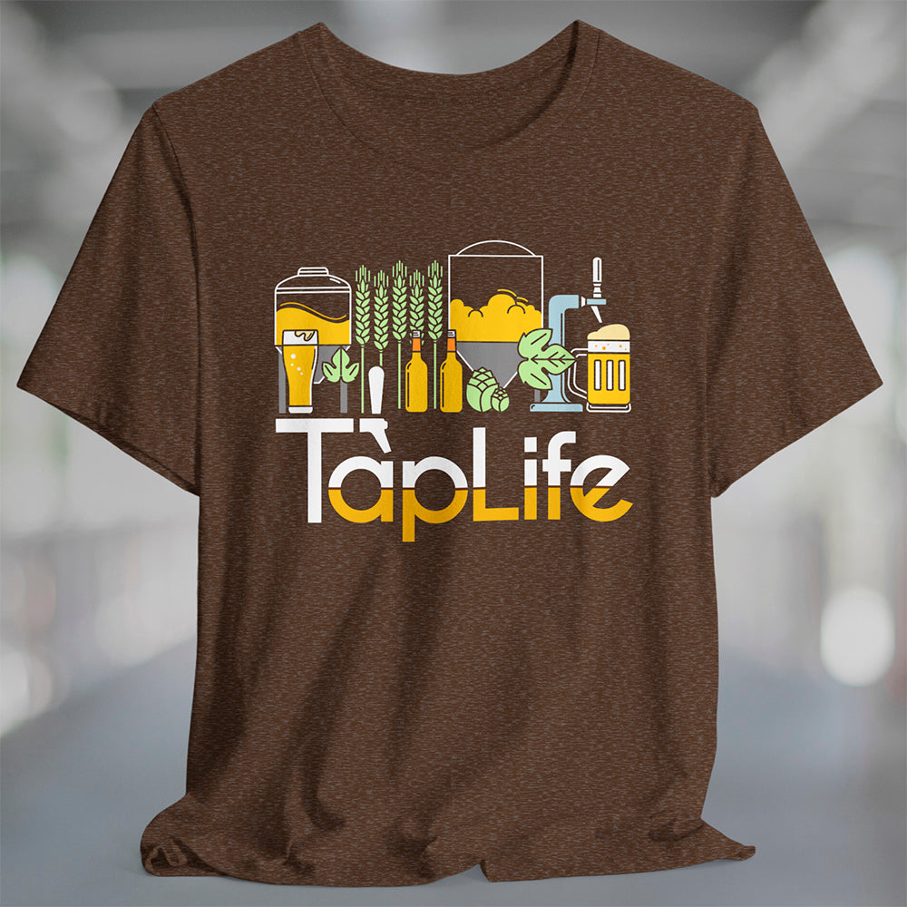 Heather brown t-shirt with Tap Life logo and beer and brewery themed graphic