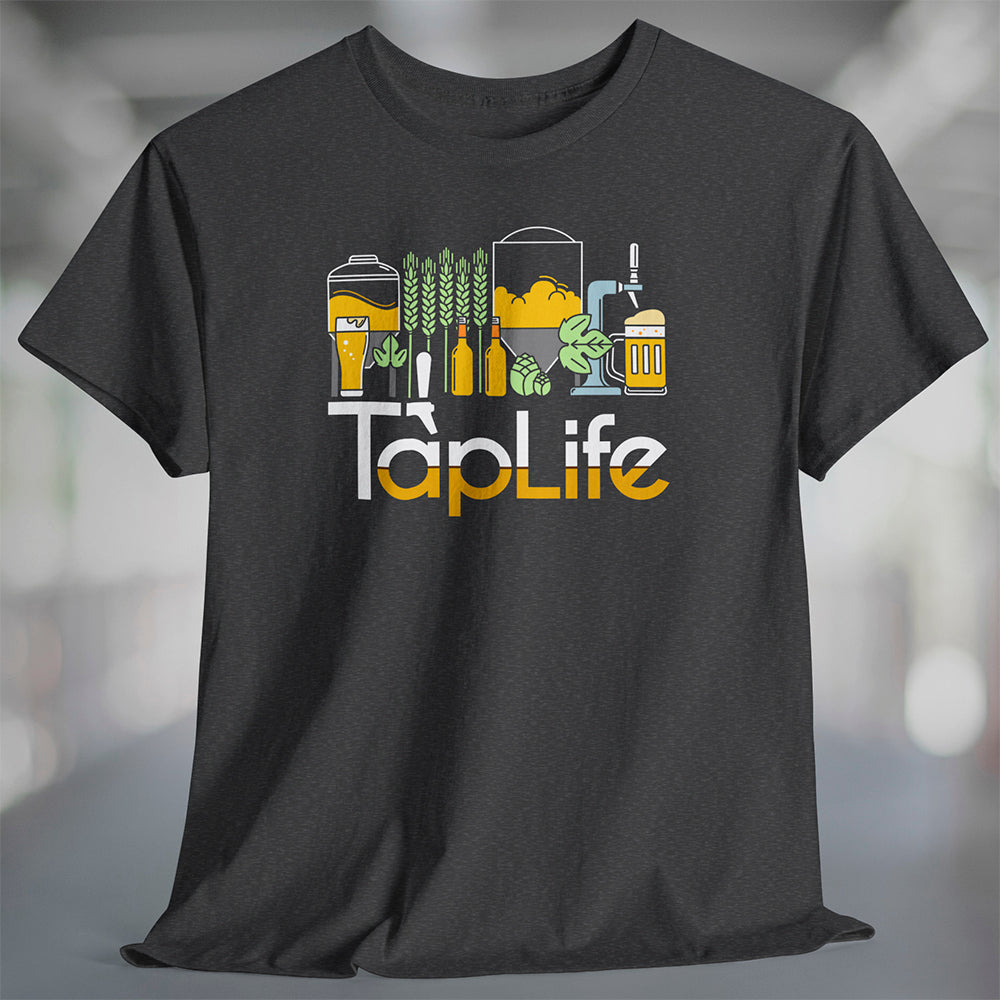 Heather charcoal t-shirt with Tap Life logo and beer and brewery themed graphic
