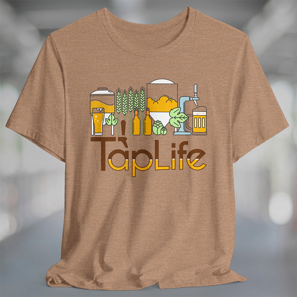 Heather tan t-shirt with Tap Life logo and beer and brewery themed graphic