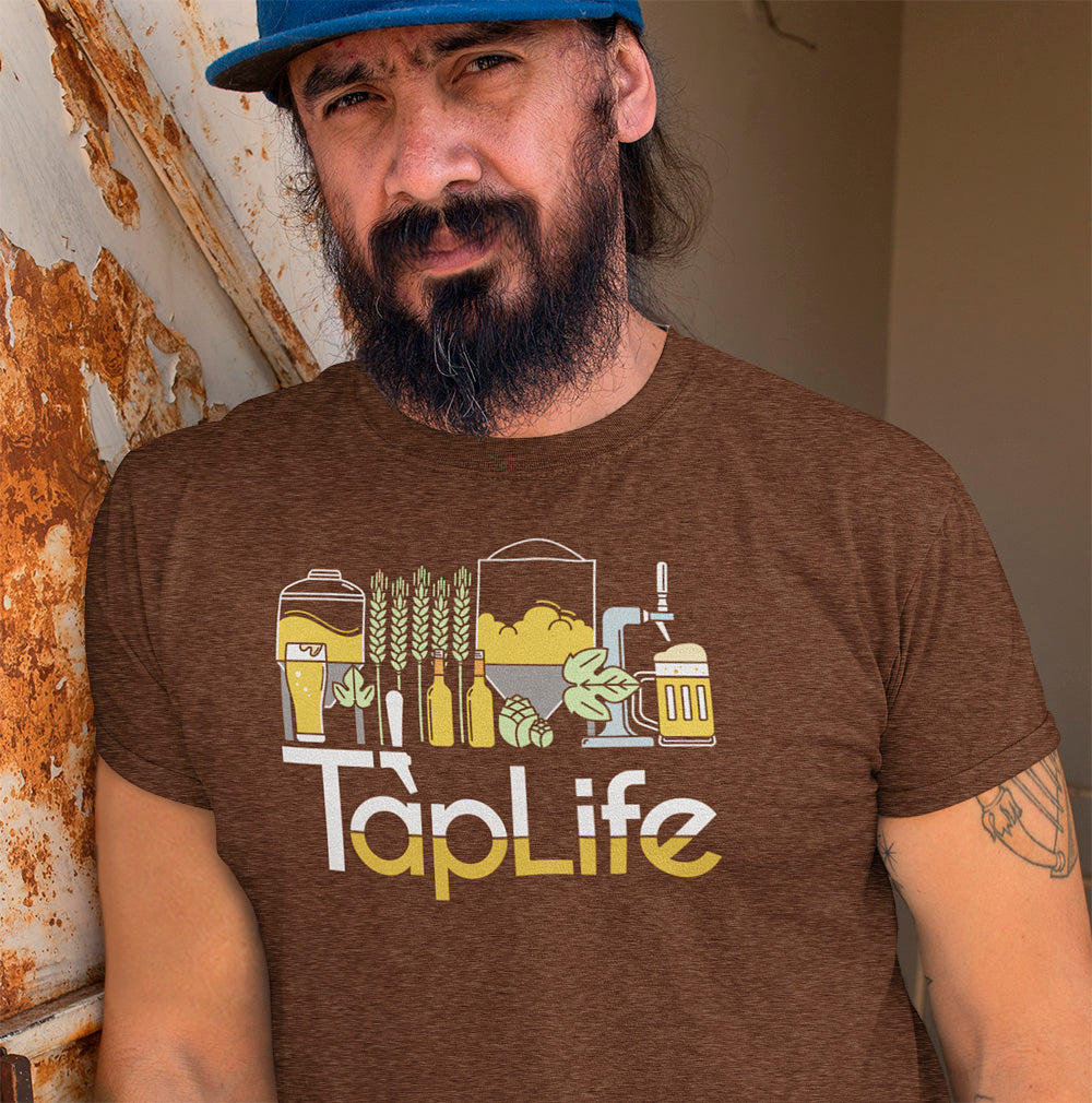 Man wearing a heather brown 'Tap Life' t-shirt with beer and brewery themed graphics 
