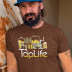 Man wearing a heather brown 'Tap Life' t-shirt with beer and brewery themed graphics 