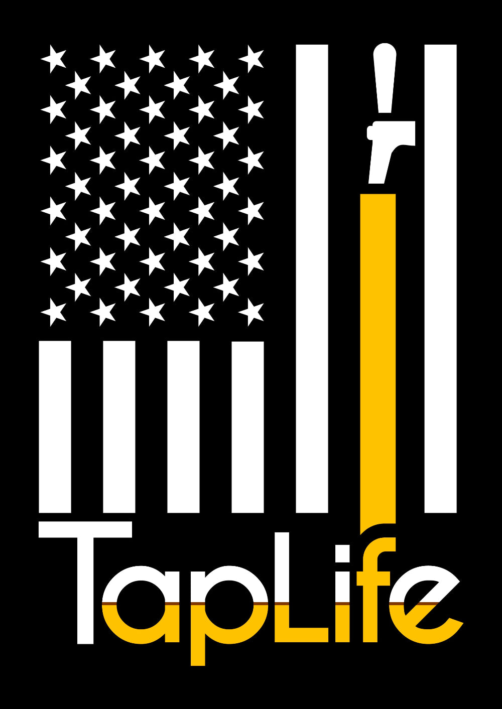 White decal of American flag with one yellow stripe pouring from a beer tap, Tap Life logo below