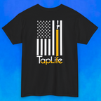 Back of black t-shirt with print of American flag, with one stripe yellow pouring from a beer tap, Tap Life logo below