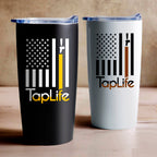 Two coffee tumblers with decals of American flag with yellow and brown stripe pouring from a beer tap, Tap Life logo below