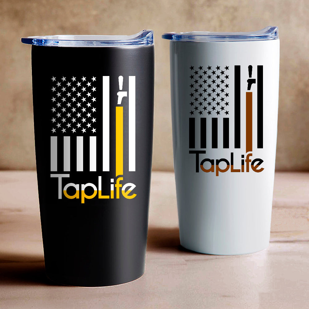 Two coffee tumblers with decals of American flag with yellow and brown stripe pouring from a beer tap, Tap Life logo below