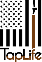 Black decal of American flag with one brown stripe pouring from a beer tap, Tap Life logo below