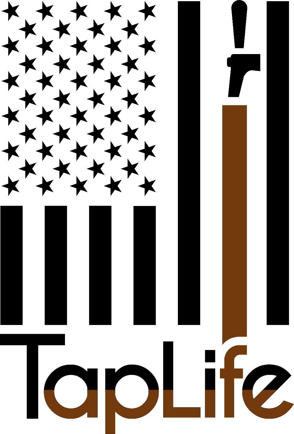 Black decal of American flag with one brown stripe pouring from a beer tap, Tap Life logo below