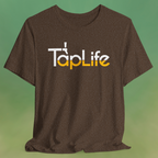 Heather brown t-shirt with large beer Tap Life logo across the chest.