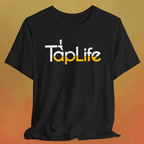 Black t-shirt with large beer Tap Life logo across the chest.