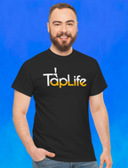 Man wearing black t-shirt with large beer Tap Life logo across the chest.