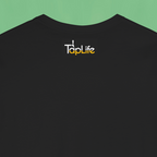 Back of black shirt with print of small beer Tap Life logo on neckline.