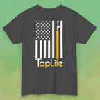 Back of heather charcoal gray t-shirt with print of American flag, with one stripe yellow pouring from a beer tap, Tap Life logo below