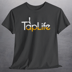 Heather charcoal gray t-shirt with large beer Tap Life logo across the chest.