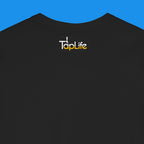 Back neckline of a black t-shirt with 'Tap Life' logo on a blue background