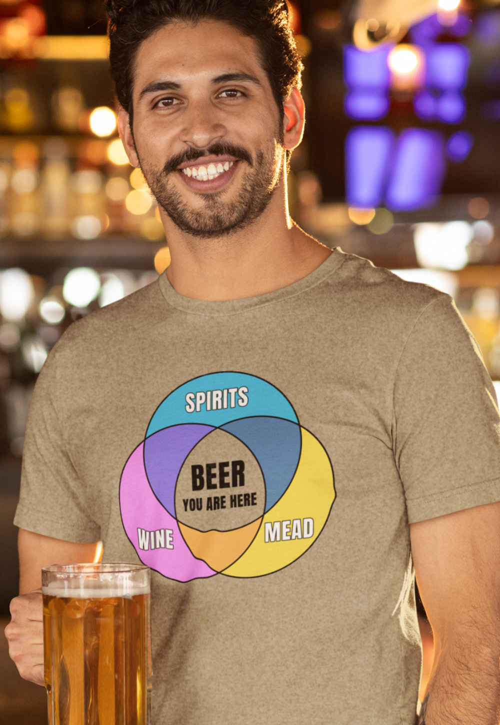 Man wearing tan shirt with colorful graphic Venn  diagram of wine, mead, spirits, and Beer You Are Here in center.
