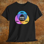 Black shirt with colorful graphic Venn diagram of mead, beer, wine, and Spirits You Are Here in center
