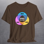 Heather brown shirt with colorful graphic Venn diagram of mead, beer, wine, and Spirits You Are Here in center