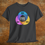 Heather charcoal gray shirt with colorful graphic Venn diagram of wine, beer, mead, and Spirits You Are Here in center