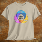 Heather tan shirt with colorful graphic Venn diagram of wine, beer, mead, and Spirits You Are Here in center