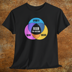 Black shirt with colorful graphic Venn diagram of spirits, mead, wine, and Beer You Are Here in center