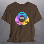 Heather brown shirt with colorful graphic Venn diagram of mead, spirits, wine, and Beer You Are Here in center