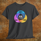 Heather charcoal gray shirt with colorful graphic Venn diagram of wine, spirits, mead, and Beer You Are Here in center