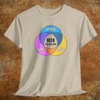 Heather tan shirt with colorful graphic Venn diagram of spirits, wine, mead, and Beer You Are Here in center